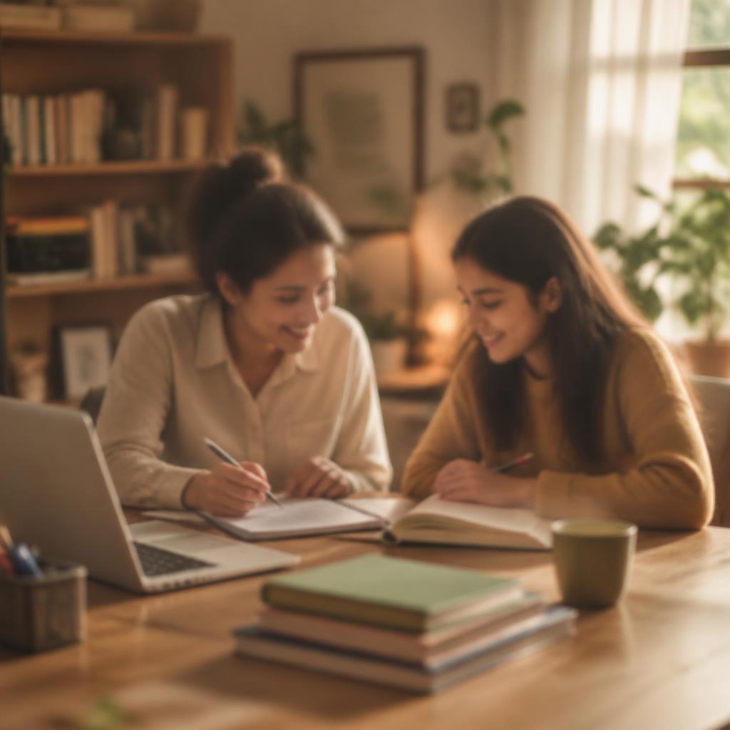 Clases particulares a domicilio en Madrid — tutor y alumna estudiando juntos